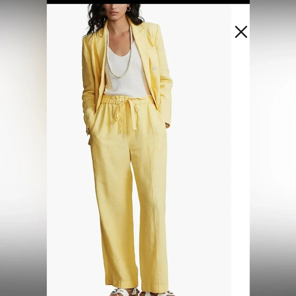 POLO RALPH LAUREN HIGH-WAISTED WIDE-LEG LINEN PANTS IN YELLOW Sz : L